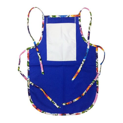Rond kinderschort met bedrukte zak - blauw met gekleurde bies - witte Slavische bloemen