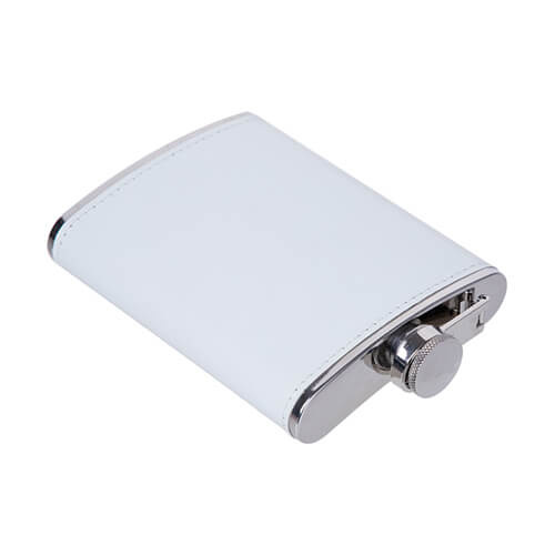 Petaca de metal 240 ml con funda de piel blanca para sublimación