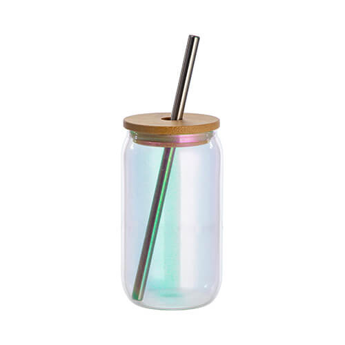 400 ml glas met rietje en bamboe deksel voor sublimatie - iriserend blauw