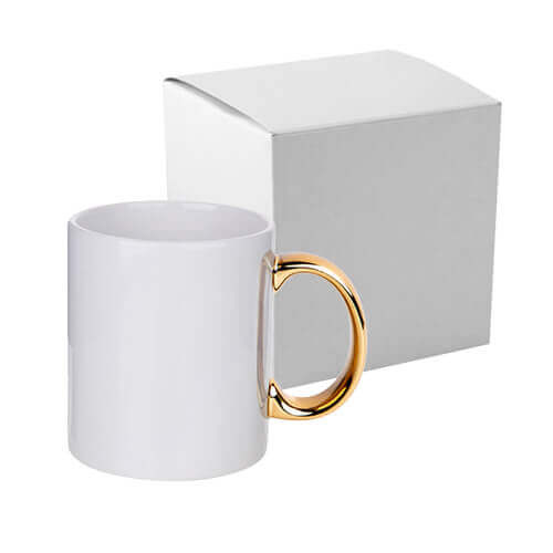 Krus 330 ml med guldhank til sublimering med papkasse