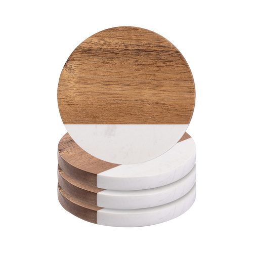 Set of 4 round marble and wooden mug coasters for engraving