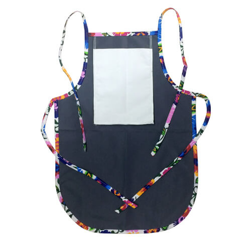 Tablier arrondi pour enfants avec poche pour sublimation - gris avec passepoil coloré - Fleurs blanches slaves