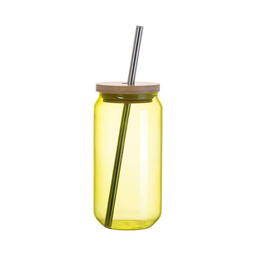 550 ml glass with a straw and a bamboo lid for sublimation - yellow