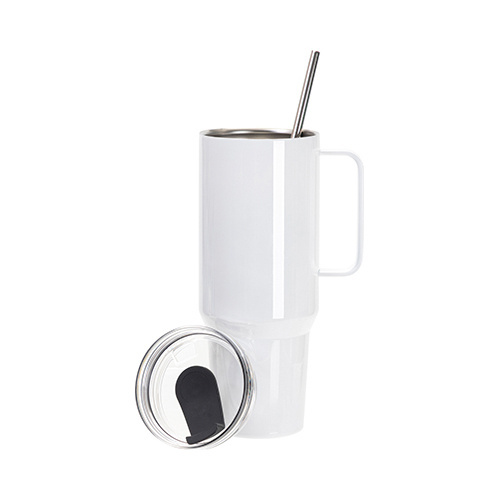 Mug de voyage en acier inoxydable 1200ml avec couvercle en silicone et paille pour sublimation - blanc