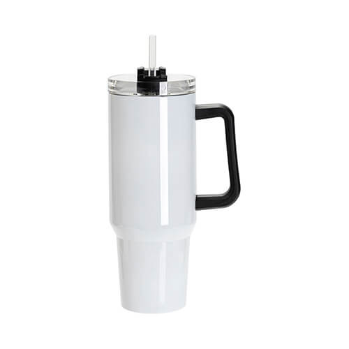 Stainless steel 1200 ml travel mug with lid and straw with black handle for sublimation - white