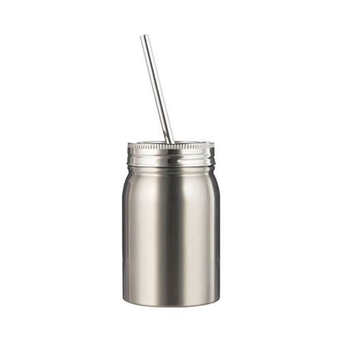 Mason Jar 500ml krūze ar salmiņu sublimācijai - sudraba krāsā