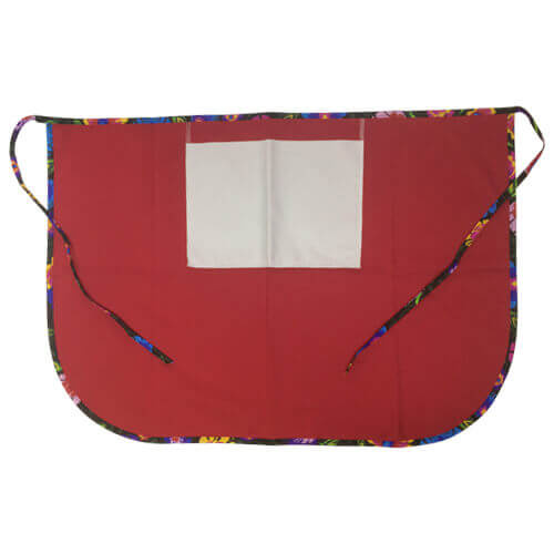 Klasična kuhinjska pregača s džepom za print - crvena sa šarenim rubom - crno slavensko cvijeće