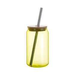 Verre 400 ml avec une paille et un couvercle en bambou pour sublimation - jaune