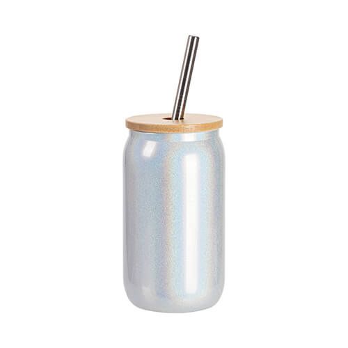 400 ml glas met rietje en bamboe deksel voor sublimatie - witte glitter