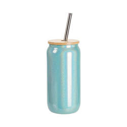 Un vaso de 550 ml con pajita y tapa de bambú para sublimación - purpurina Azul