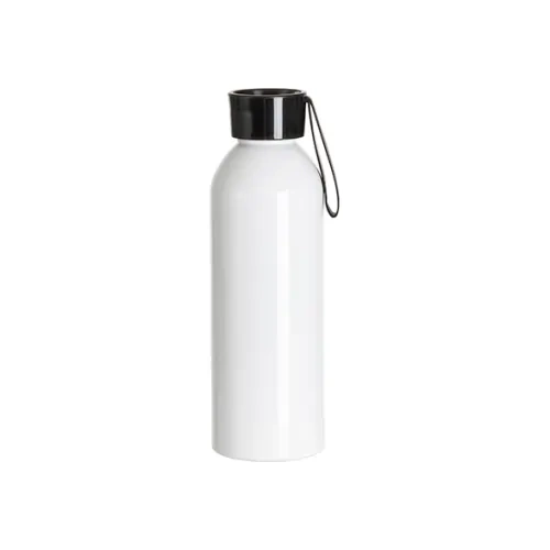 750 ml bela aluminijasta športna steklenica s črnim pokrovčkom in sublimacijskim trakom