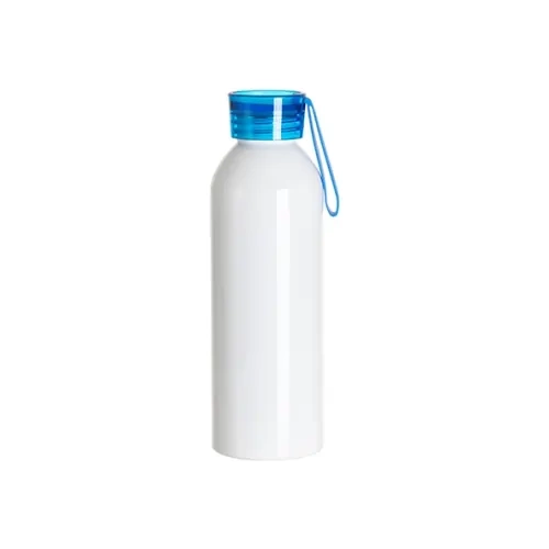 750 ml bela aluminijasta športna steklenica z modrim pokrovčkom in sublimacijskim trakom