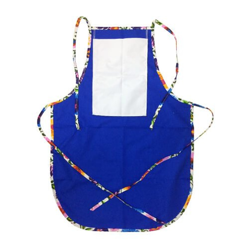 Delantal redondeado con bolsillo para sublimación - azul con adornos de colores - Flores eslavas blancas