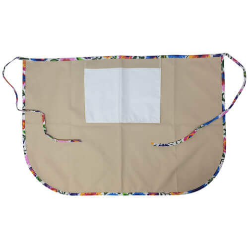 Klasszikus konyhai kötény nyomtatott zsebbel - bézs színű szalaggal - fehér szláv virágokkal