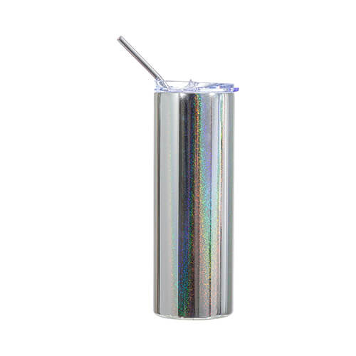 Mok van 600 ml met een rietje voor sublimatie - metallic zilver met glitter