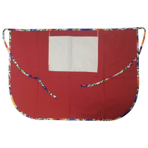 Klasszikus konyhai kötény nyomtatható zsebbel - piros színű szalaggal - fehér szláv virágok