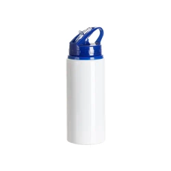 Sticlă din aluminiu cu gură 600 ml alb cu capac albastru și suport pentru sublimare