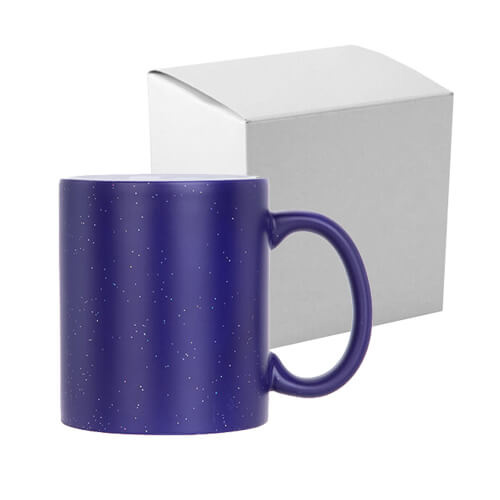 Taza mágica 330 ml azul mate con purpurina para sublimación, con caja de cartón