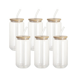 Set of 6 - 550 ml glasses with a straw and a bamboo lid for sublimation