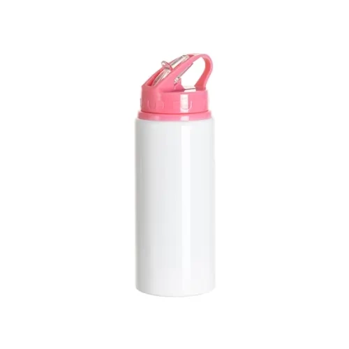 Aluminiumsflaske med mundstykke 600 ml hvid med pink hætte og sublimeringsholder