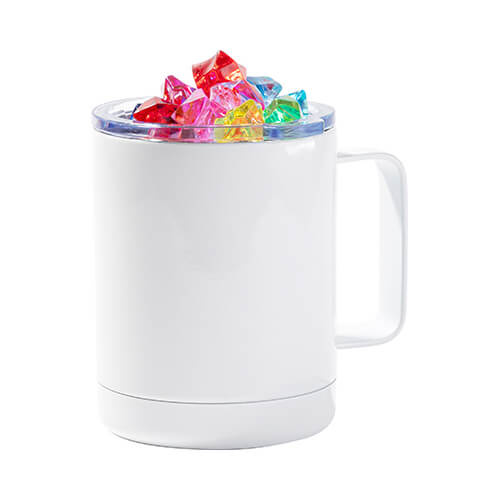 Tasse à café 300 ml pour sublimation - blanc, couvercle avec de la glace artificielle colorée