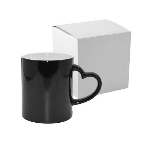 Taza mágica negra semimate con asa en forma de corazón para sublimación con caja de cartón