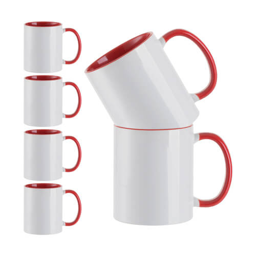 Lot de 6 gobelets 330 ml A+ avec intérieur rouge et anse sublimation