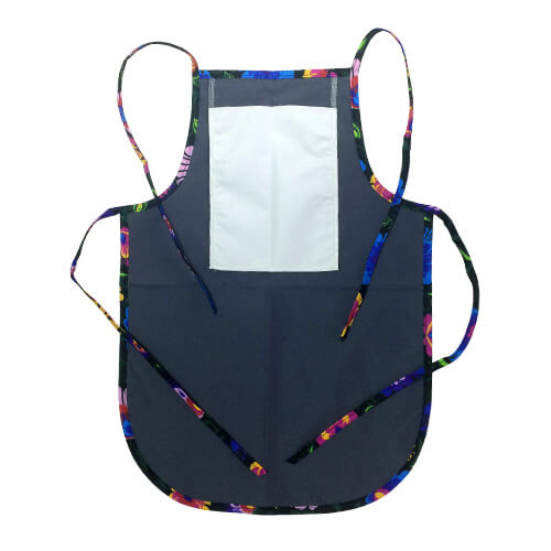 Tablier arrondi pour enfants avec poche pour sublimation - gris avec passepoil coloré - Fleurs noires slaves