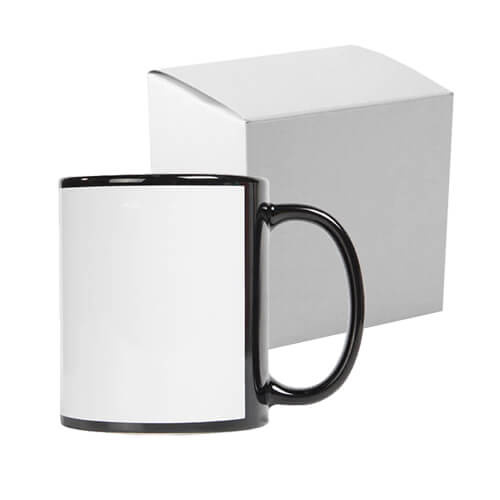 Mug noir 330 ml avec un cadre blanc pour sublimation, avec une boite en carton