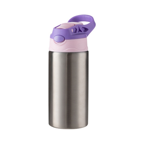 A 360 ml children's water bottle made of stainless steel for sublimation - Silver with a pink-purple screw cap