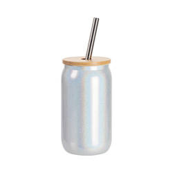 A 400 ml glass with a straw and a bamboo lid for sublimation - white glitter