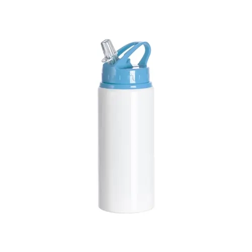Botella de aluminio con boquilla 600ml blanca con tapón azul claro y soporte para sublimación