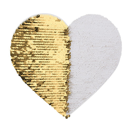 To-farvede pailletter til sublimering og tekstilpåføring - guldhjerte 22 x 19,5 cm på hvid bagside