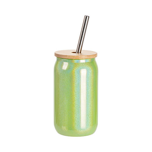 Een 550 ml glas met een rietje en een bamboe deksel voor sublimatie - groene glitter