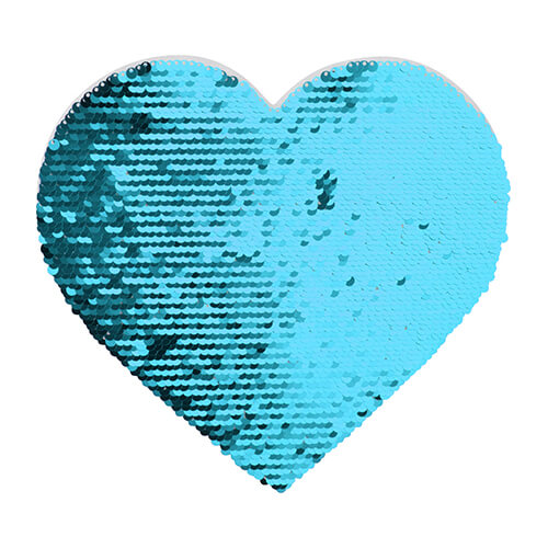 Dwukolorowe cekiny do sublimacji i aplikacji na tekstyliach - błękitne serce 22 x 19,5 cm na białym podkładzie
