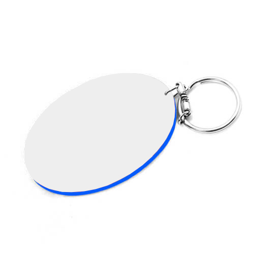Breloc oval din plastic 80 x 55 mm alb cu margine albastră Transfer termic prin sublimare