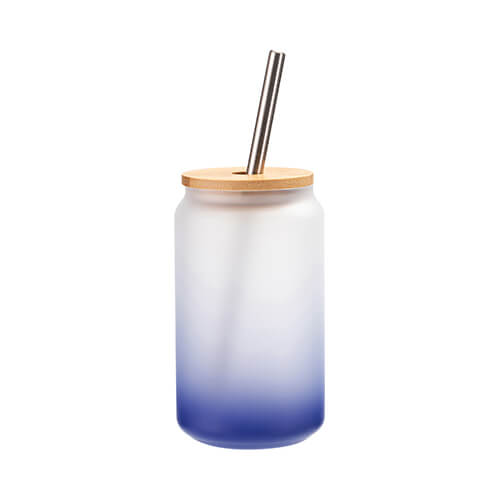 Sticlă mată de 400 ml cu pai și capac de bambus pentru sublimare - gradient albastru marin