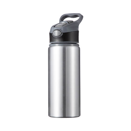 Botella de agua de aluminio 650 ml plateada con tapón de rosca con inserto negro para sublimación