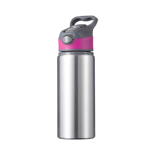 Botella de agua de aluminio de 650 ml plateada con tapón de rosca con inserto rosa para sublimación