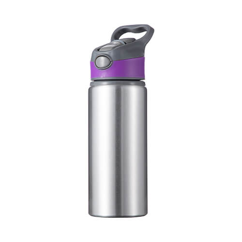 Botella de agua de aluminio de 650 ml plateada con tapón de rosca con inserto violeta para sublimación
