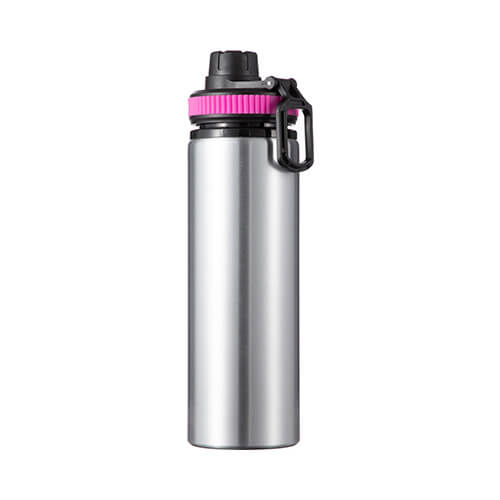 Botella de agua de aluminio plateado de 850 ml con tapón de rosca con inserto rosa para sublimación