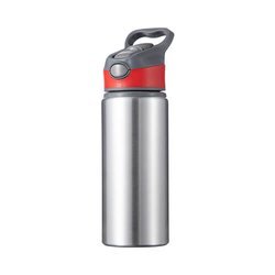 Vattenflaska i aluminium 650 ml silver med skruvlock med röd insats för sublimering