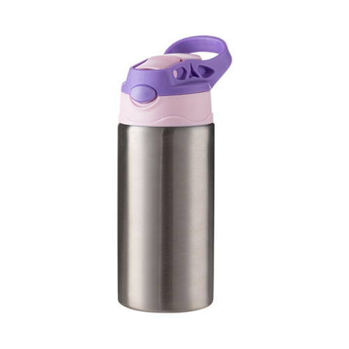 En 360 ml vattenflaska för barn gjord av rostfritt stål för sublimering - silver med en rosa-lila kork