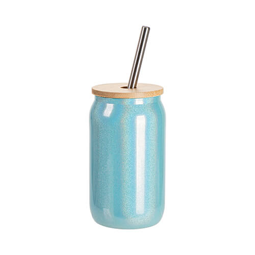 Ett 400 ml glas med sugrör och bambulock för sublimering - blå glitter