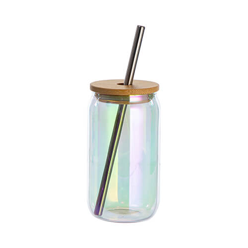 Ett 400 ml glas med sugrör och bambulock för sublimering - galvaniserat glas