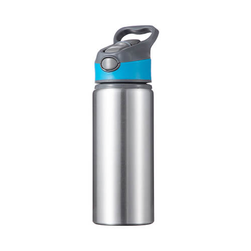 Vattenflaska i aluminium 650 ml silver med skruvlock med blå insats för sublimering